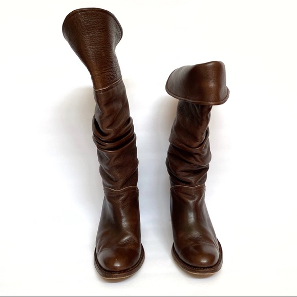 Frye brown leather slouchy chunky heel tall boots - Picture 3 of 11